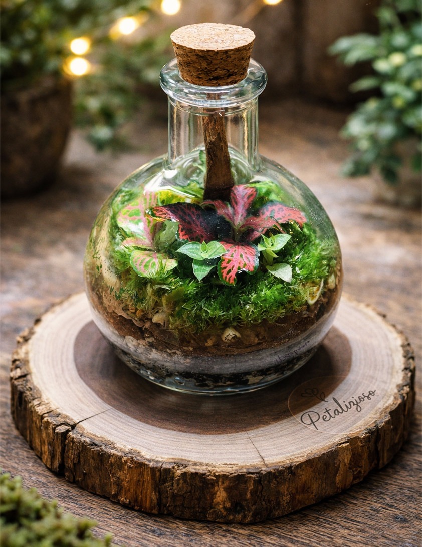 🌿 Terrario in bottiglia con base in vero tronco 1 🌿 Terrario in bottiglia con base in vero tronco