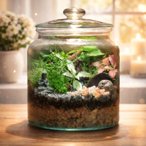 🌿 Terrario Zen con Buddha – Giardino in vetro con coperchio